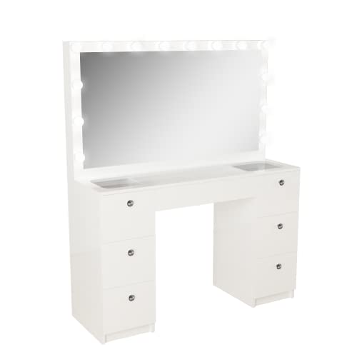 Boahaus Yara Modern Makeup Vanity With Wide Mirror, Lights, Multi Color (White/Black), Custom Knobs, Size And Top, For Bedroom (White Standard (Top Glass), Basic Knobs) #TOP2