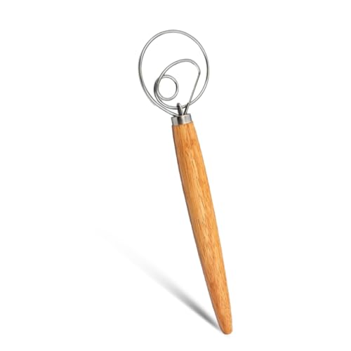 33cm Danish Dough Whisk Stainless Steel – Heavy Duty Bread Dough Mixer Tool with Wooden Handle for Baking Pizza, Sourdough, Cookies & Pastry – Easy to Clean & Rust Resistant