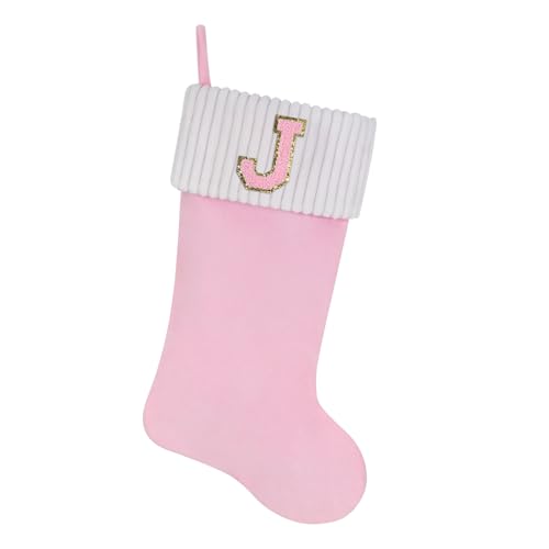 Shgngle 20 Inches Letter Embroidered Christmas Stocking,Personalized Pink Velvet Christmas Stocking,Family Holiday Decorations and Xmas Gift(J)