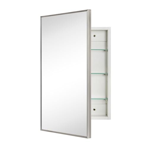 Image of TEHOME 17.5'' x 29'' Brushed Nickel Recessed and Surface Mount Bathroom Medicine Cabinet with Mirror Square Cornered Metal Framed Rounded Rectangle Medicine Cabinet Mirror