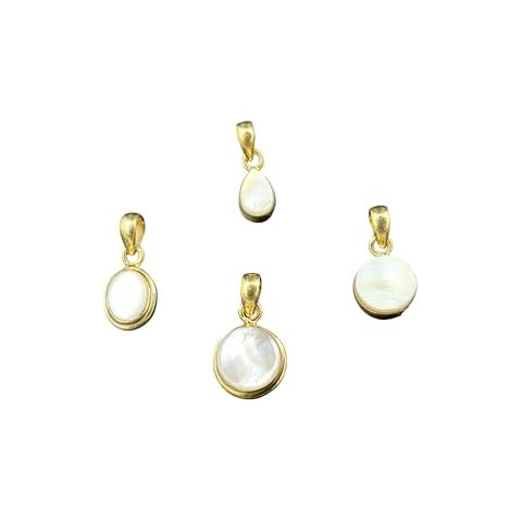 Antique Kreations Set of 4 Mother of Pearl Pendants 18K Gold Plated Brass Round, Oval, and Teardrop Shapes Handmade Minimal Jewelry Boho Pendant Charms for DIY Necklace Making Cover