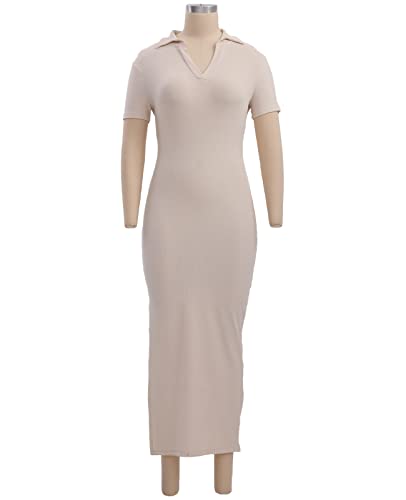 Women's Casual Basic Ribbed Knit Long Dress Solid Short Sleeve V Neck Bodycon Maxi Dresses Beige S #TOP3