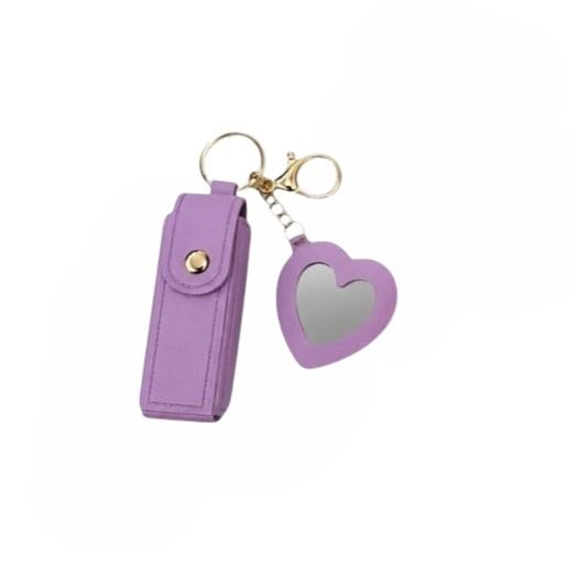 Faux Leather Lipstick Holder Keychain with Heart-Shaped Mirror, Pink, Portable Lip Balm Case and Purse Charm Purple-image-43