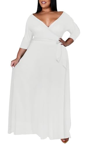 Image of Plus Size Dresses for Women Floral Maxi Dress Flowy 3 /4 Sleeve Oversize Long Dresses with Belt White 2XL