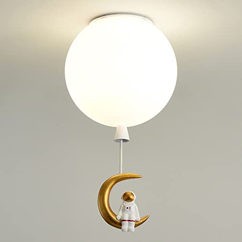 LAKIQ White Balloon Kids Room Ceiling Light Fixture Cartoon AstronautMoon with Glass Globe Shade Children Room Flush Mount Ceiling Lamp Baby Nursing Room Close to Ceiling Lights(14''-Single Light)