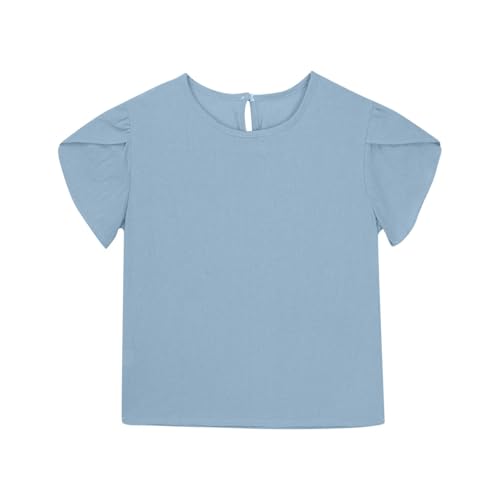 Girls T Shirt Short Sleeve Ruffle Shirt Cotton Linen Blend Solid Color Crewneck Tops Kids Girls Plain Tshirts Clothes3