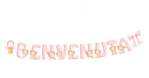 Festone Benvenuta In carta per nascita Bambina, Lettere 14cm con nastro incluso, Scritta con orsetti