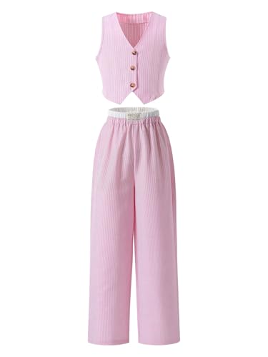 Image of Floerns Girl's 2 Piece Outfits Elegant Striped Sleeveless Suit Vest & Long Elastic Casual Pants Set