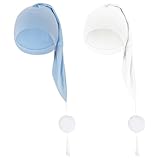 cnomg 2pcs Men's Night Sleeping Cap Adjustable Pajama Cap with Pom Ball and Tassel Women Daily Use (US, Alpha, Medium, White, lighht Blue)