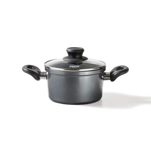 STONELINE Aluguss Kochtopf 16 cm, Kleiner Topf mit Deckel 1,6 L, Antihaft beschichtet mit echten Steinpartikeln, Kochtopf Induktion 16 cm, für alle Herdarten, Backofen, Kochen ohne Fett oder Öl, Grau
