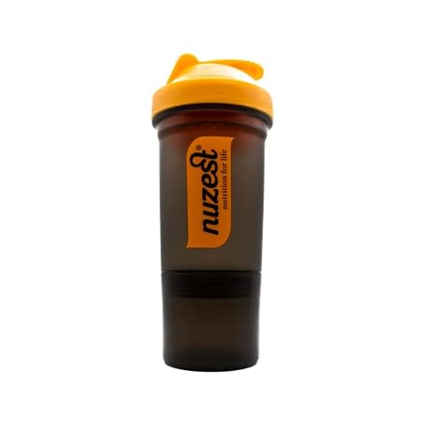 Nuzest - Protein Shaker Bottle 350ml - Orange - BPA Free - Shake Blender - Detachable Compartment - Storage Solution Cover