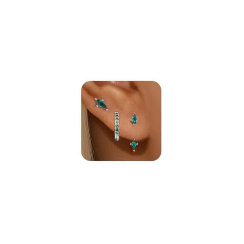 GEORGE · SMITH Silver Earring Stack Kite Stud Set, Emerald Green Sapphire Birthstone Earrings for Women, Green and Gold Stackable Earrings, Gift for Her