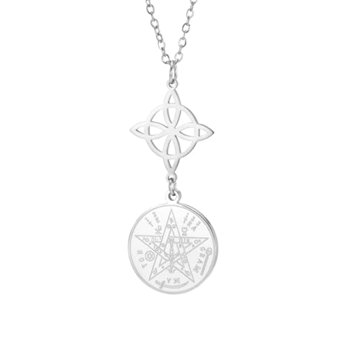 Dreamtimes Collar con colgante amuleto de doble protección con símbolos espirituales para mujer nudo de bruja y pentagrama tetragrammaton (Platar-4)