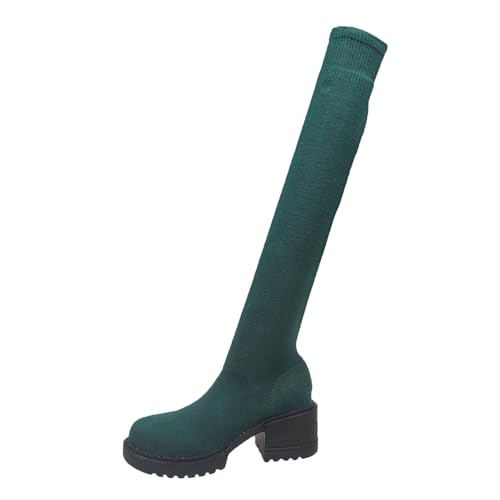 Botas de malla elástica para mujer, informales, de invierno, con puntera redonda, tacón alto grueso, Green, 39.5 EU
