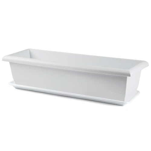 AC - Jardinera con Plato - Fabricado en Polipropileno - PLFT - Macetero para Jardin - Maceta para Plantas y Flores Rectangular de Plástico con Agujeros de Drenaje - 60 cm - Color Blanco