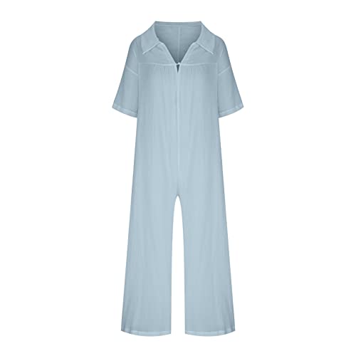 Womens Casual Jumpsuits Loose Fit Short Sleeve Lapel Linen Wide Leg Pant Romper Plus Size Baggy Comfy Summer Playsuit3
