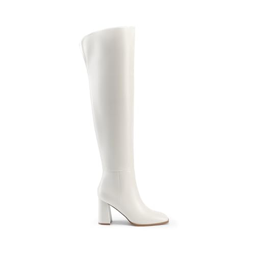 DREAM PAIRS Women's Tall Over the Knee Boots Thigh High Fall Block Chunky Heeled Knee High Long Boots with Fashion Square Toe and Side Zipper,Size 7.5,White,DWUMOB2515