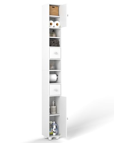 Amveya Badezimmer Hochschrank Schmal mit 2 Schubladen & 3 Verstellbaren Regalen, Weißer Badschrank 20cm Breit aus MDF