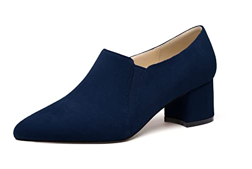 Eldof Women's Block Heel Pumps Round Toe Elastic Gore Slip On 2 Inch Chunky Heels for Casual Dress Office