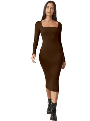 Image of Aahwan White Solid Square Neck Solid Midi Bodycon Dress for Women's & Girl's