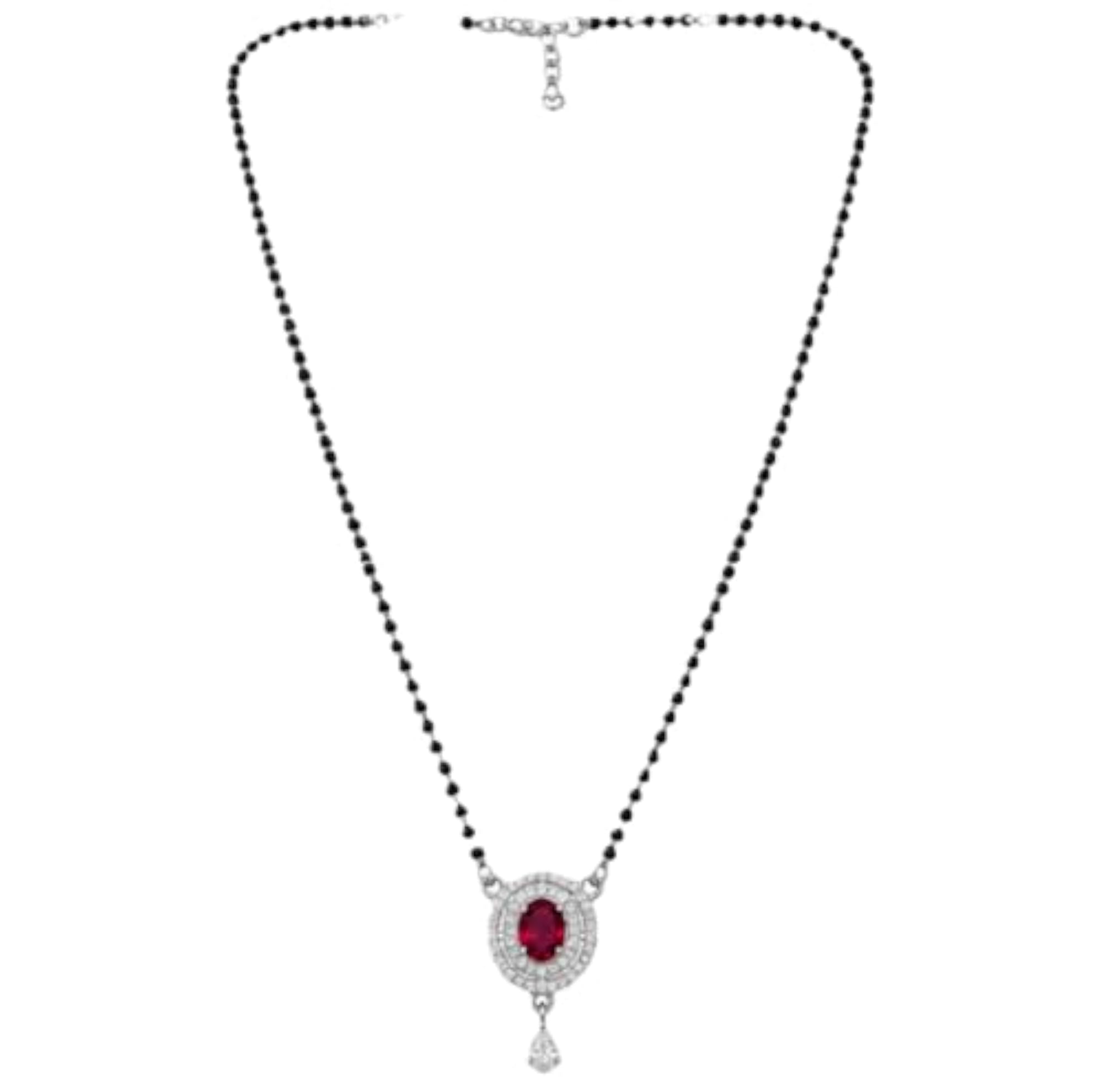 925 Sterling Silver Mangalsutra with Black Beads & Ruby Red CZ