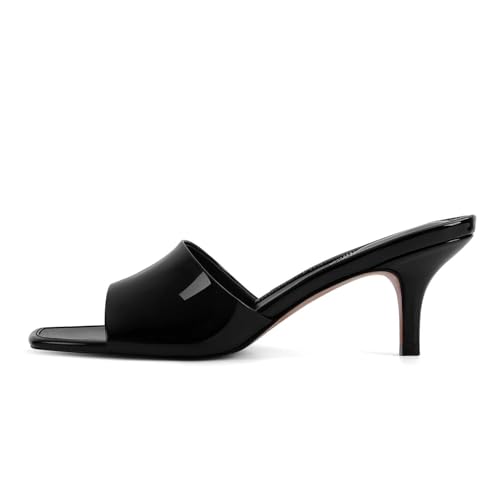 Image of Dsevht Black Kitten Heel Sandals Stiletto Low Heels Slip On Slides Mule Sandal Square Open Toe Dress Shoes for Women