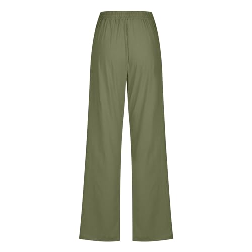 Image of Linen Pants Women High Waisted Drawstring Casual Pant Cotton Linen Straight Leg Lounge Trousers with Side Pockets