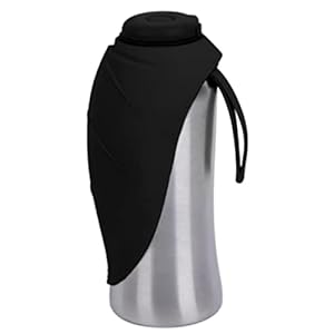 Pacific Paws Northwest Portable Dog Water Bottle | Travel Water Bottle for Dogs | Stainless Steel Water Bottle | Silicone Leaf Shaped Bowl | Pet Water Dispenser for Walking & Hiking | Black 27oz