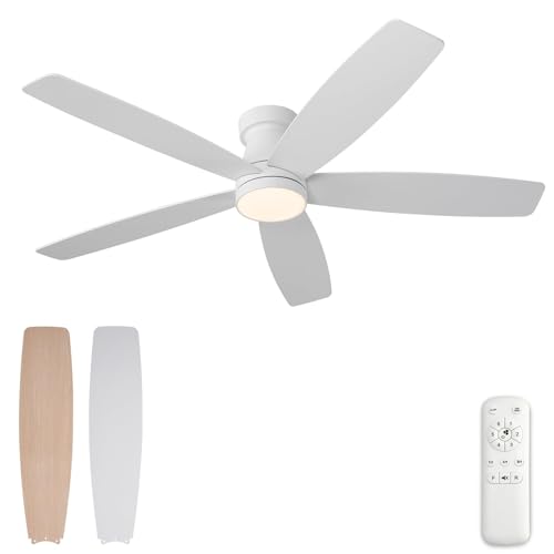 Image of 52 inch White Flush Mount Ceiling Fans with Lights and Remote,White Bedroom Ceiling Fan with Lights, Low Profile Ceiling Fan with Light For Bedroom Outdoor, Memory Fuction Quiet DC Motor