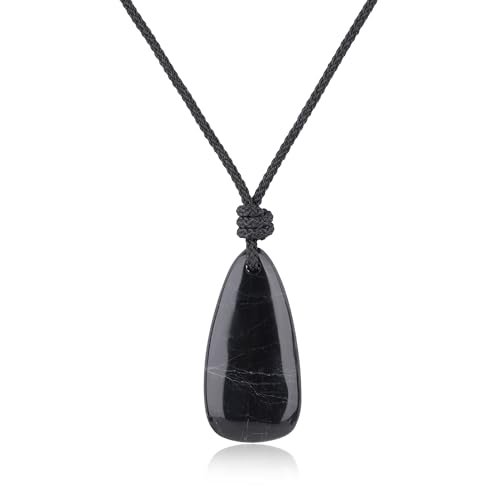 COAI Black Tourmaline Necklace for Men Women, Teardrop Pendant Adjustable Nylon Cord/Genuine Leather Necklace for Men Women