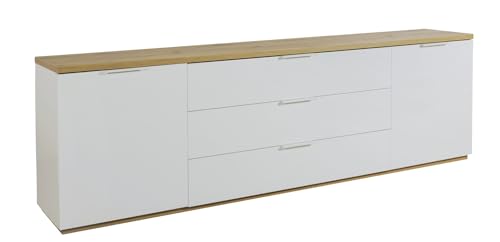 Mobile Porta TV della Linea MUNDI con 2 Ante e 3 Cassetti Madia Soggiorno LxAxP 240x73.4x40.5 cm Rovere Oak Mielato e Bianco Laccato Made in Italy