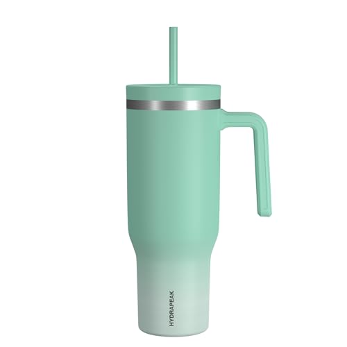 Image of Hydrapeak Voyager 40 Oz Stainless Steel Tumbler with Handle, Insulated Water Bottle With Straw & Lid, Cupholder Friendly Reusable Travel Mug (Iced Ombre Pale Sage)