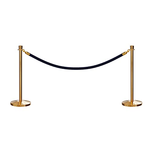 CCW Post and Rope Stanchion Kit with 2 Satin Brass Crown Top Posts and 1 Dark Blue Heavy Duty Velvet Cotton Core Rope (6ft.) in Satin Brass Snap Ends