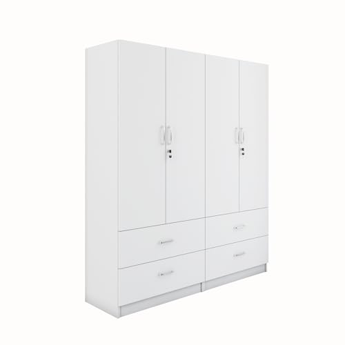 Image of VIKI Wardrobe | Wooden Almirah for 4 Door 4 Drawer with Shelves & Hanging Space Wardrobe (Frosty White - 40D x 160W x 180.8H) | 1 Year Warranty | Free Assembly