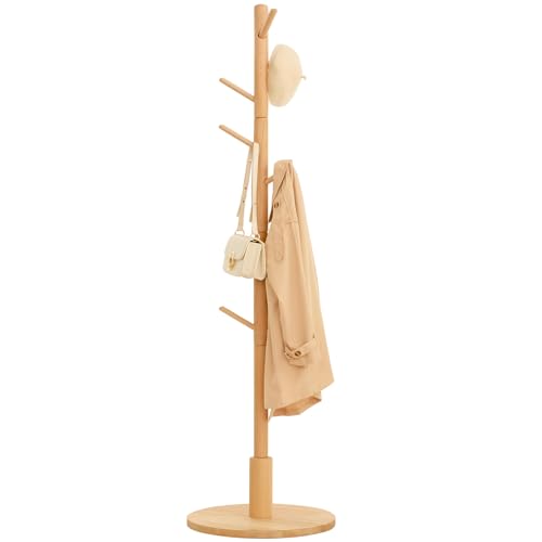 Cozivolife Standing Coat Rack,Wooden Coat Rack Stand with 9 Hooks and 3 Height Adjustable,Beech Wood...