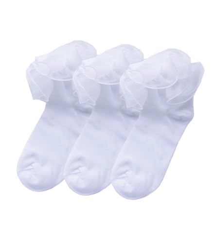 Princess Big Ruffle Dance Socks for Girls, Double Lace Turn Cuff, Size 8-10, 3 Pairs2