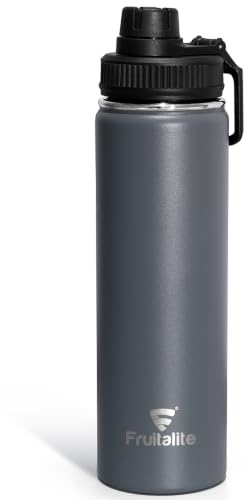 Image of Fruitalite Thermosteel Insulated Fruit Infuser Water Bottle- 700ml with Screw /Spout Lid, Steel Infusion Rod, Infused Detox Recipe eBook, Double-Wall Vacuum Stainless Steel Bottle- Smokey Grey