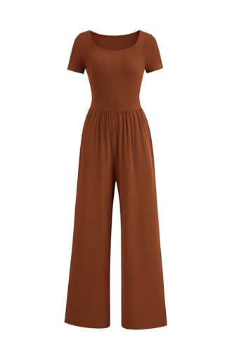 PRETTYGARDEN Women's Summer One Piece Jumpsuits Dressy Casual Short Sleeve Square Neck Wide Leg Jumpsuit Rompers