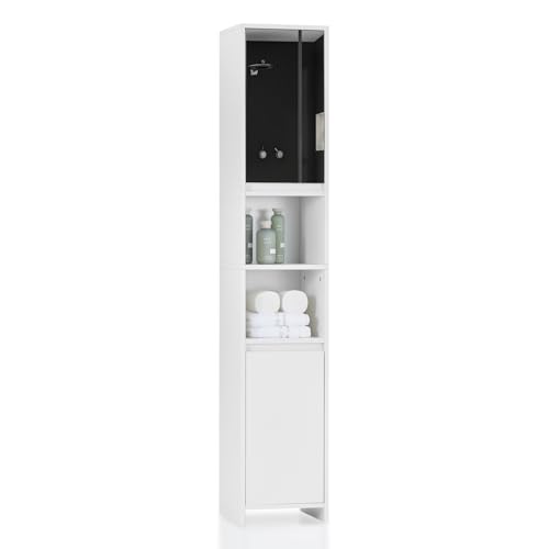 Armario alto de baño moderno blanco, armario de almacenamiento de piso con espejo, 2 puertas y 2 estantes abiertos de madera, unidad de pie estrecha de 30x30x163 cm para baño, sala de estar, inodoro