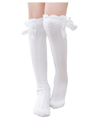 MakeMeChic Girl's Bow Decor Over The Knee Scallop Trim Stockings Cute Socks