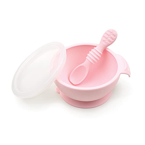 Image of Bumkins Suction Silicone Baby Feeding Set, Bowl, Lid, Spoon, BPA-Free, First Feeding, Baby Led Weaning - Pink(Pack of 1)