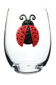 THE QUEENS' JEWELS Ladybug Jeweled Stemless Wine Glass, 21 oz. - Unique Gift for Women, Birthday, Cute, Fun, Not Painted, Decorated, Bling, Bedazzled, Rhinestone