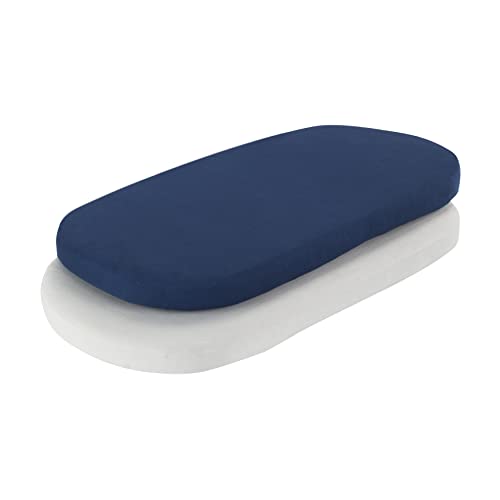 Image of 2-Pack Bassinet Sheets - 100% Cotton Jersey Knit Navy Blue and Gray Bassinet Mattress Pad Fitted Sheet for Baby Boy; Compatible with Bassinet Bedside Co-Sleeper Lounger Brands; Oval Rectangle Mattress