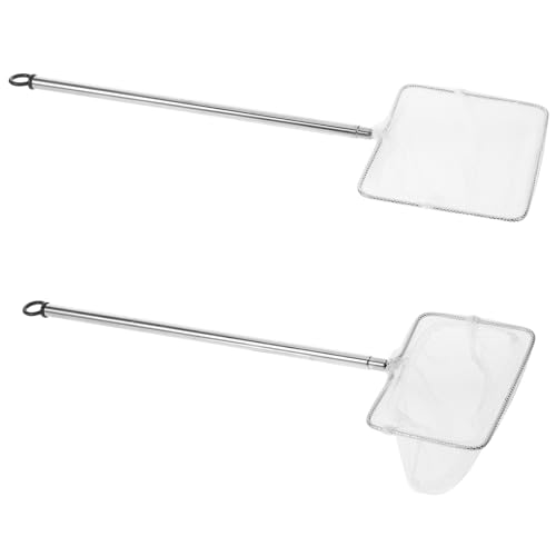GRIRIW 2 Pièces Lot de 2 Épuisettes Télescopiques Carrées en Acier Inoxydable, Filets à Mailles Fines Blancs, Petite Taille, pour Aquarium et Bassin, Filet à Crevettes Portable pour