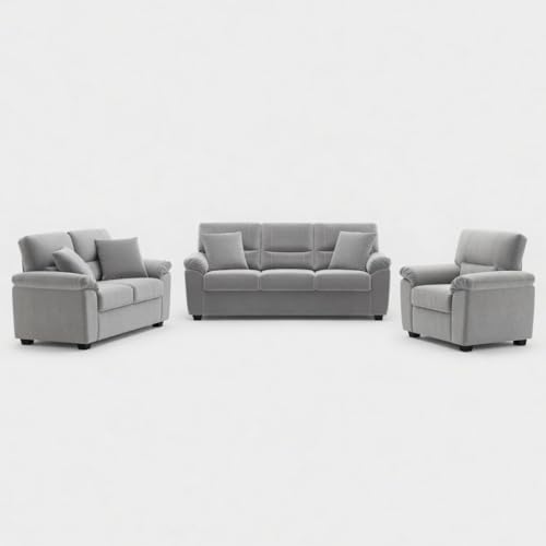 Image of Anderson 6 Seater Fabric Sofa Set (3+2+1) Light Grey, Premium Velvet Finish Upholstery, Solid Wood Frame, High Density Foam Cushions, Modern Living Room Furniture, Comfortable Sofa for Home