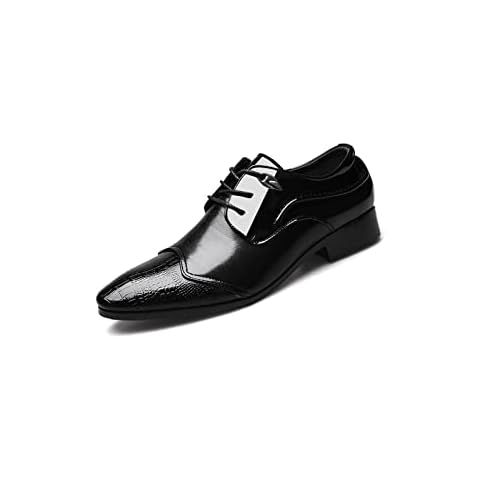Mens Dress Shoes Leather Oxfords Lace Up Pointed Toe Wedding Shoe Shiny Flats Comfy Fashion Business Formal Shoes Black Cover
