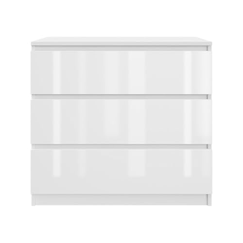 SoDREAMER Commode 3 tiroirs 80 cm | Blanc - Face Brillante Idéal pour Chambre, Salon, Chambre d'enfant et Bureau | Commode spacieuse| Design Moderne | 80x75x40 cm