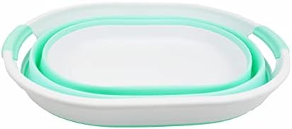 SAMMART 28L Oval Collapsible Plastic Laundry Basket - Foldable Pop Up Storage Container / Organizer - Portable Washing Tub - Space Saving Hamper / Basket (1, White/Light Green)