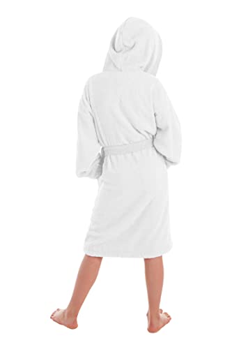 LEBENGOOD - Bademantel für Kinder - 100% Baumwolle OEKO-TEX® - 2 Taschen, Gürtel, Kapuze, Bademäntel aus sehr weichem Plüsch, Kinder, Jugendliche, weiß, 10-12 Jahre