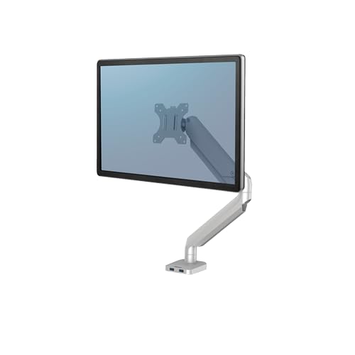 Image of Fellowes Platinum Series Single Monitor Arm for 40-Inch Monitors, Full Motion, 360 Rotation, VESA Mount with Grommet or Clamp, USB Ports, Ergonomic, Silver, 8056401